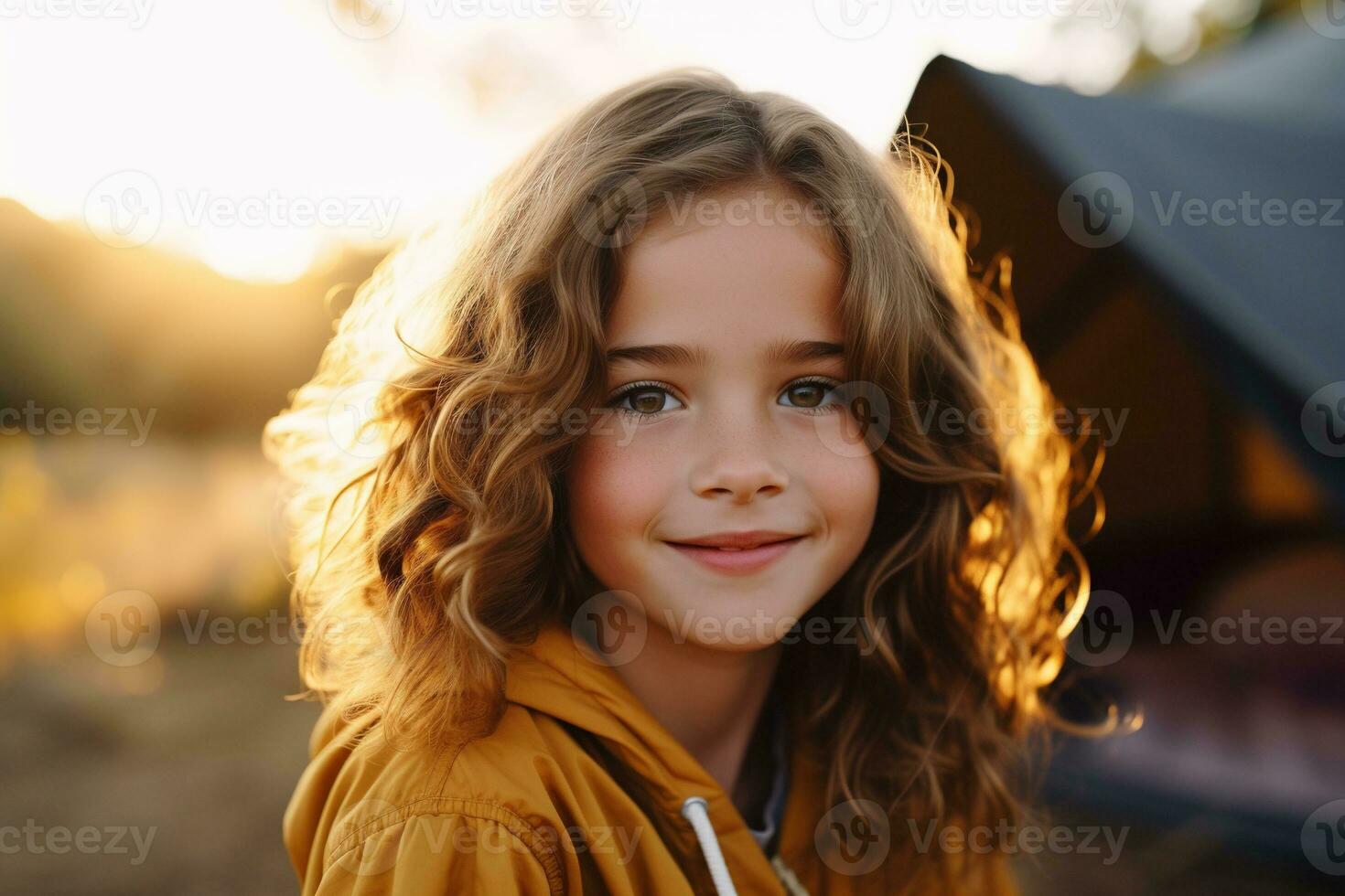 Portrait of cute little girl at camera while standing near camping tent at sunset AI generated photo