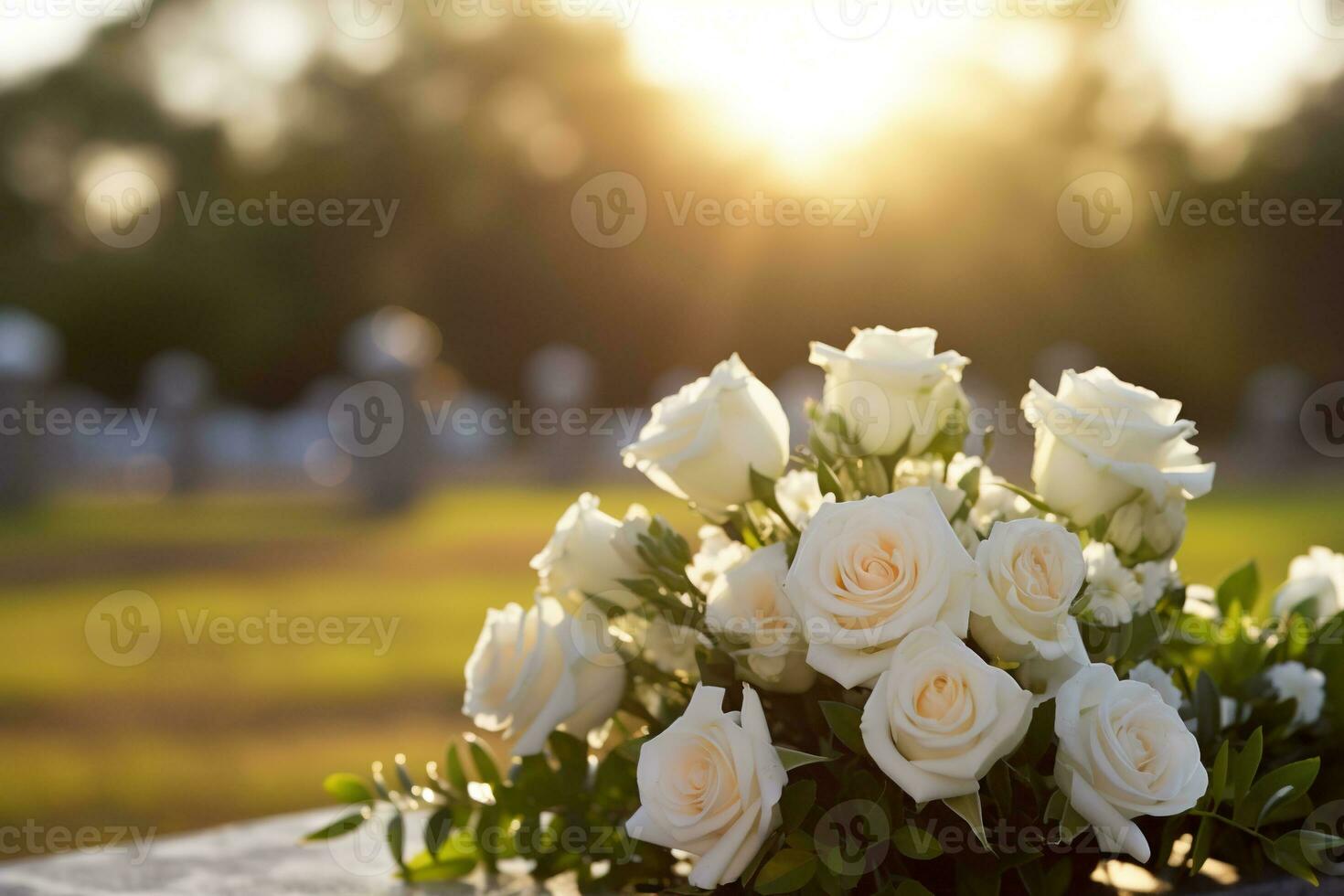 white flowers in front of a gravestone at a cemetery with sunset.Funeral Concept AI generated photo