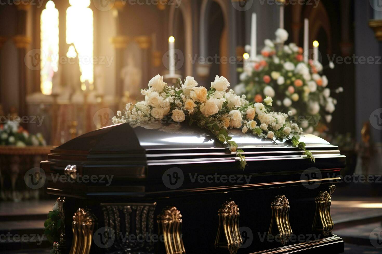 closeup shot of a casket in a hearse or chapel before funeral or burial at cemetery AI generated photo