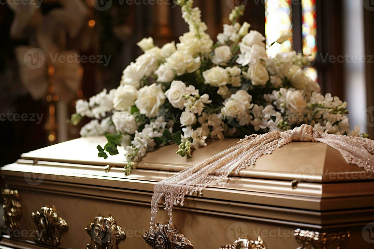 Beautiful flowers in a coffin at a funeral AI generated photo