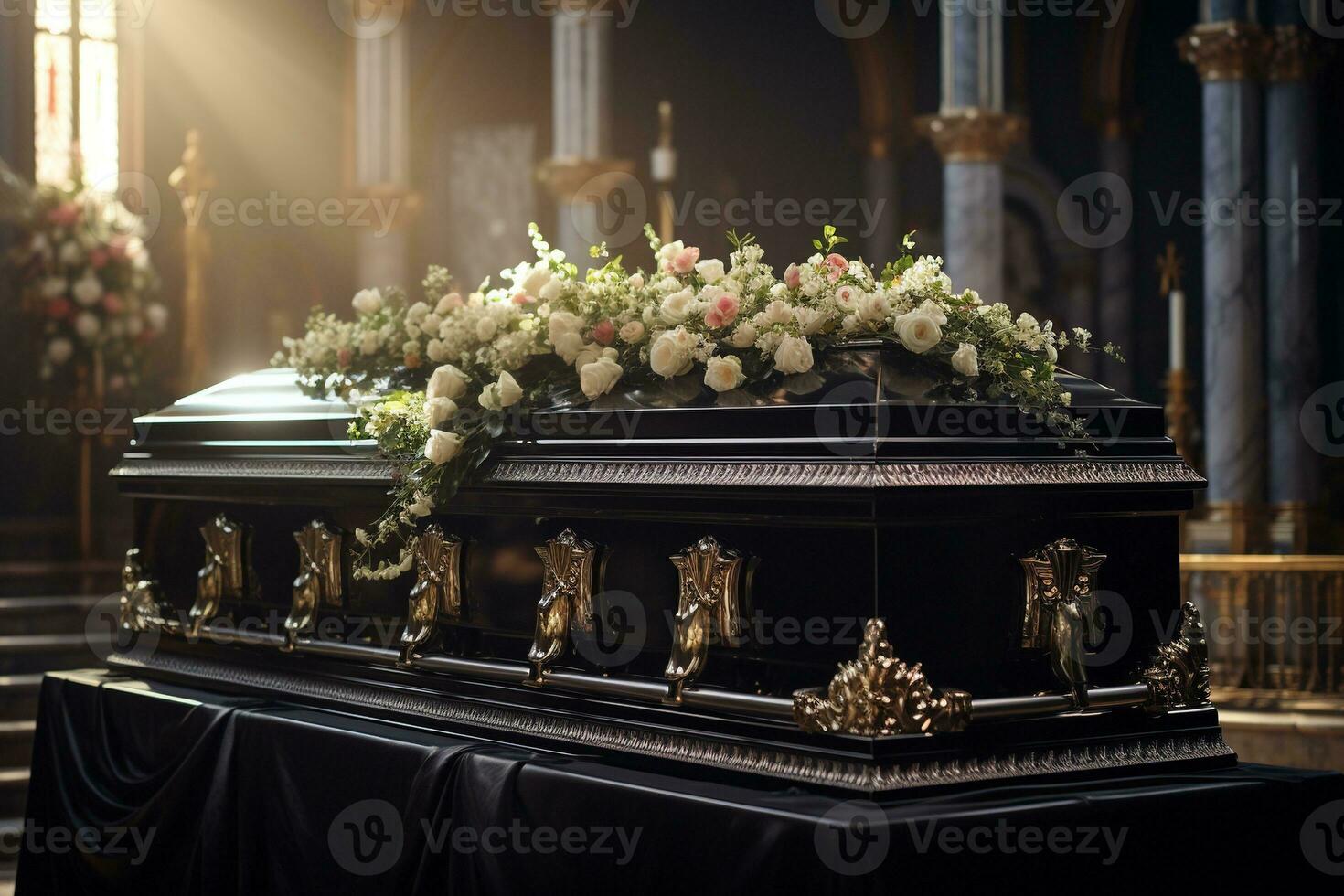 closeup shot of a casket in a hearse or chapel before funeral or burial at cemetery AI generated photo