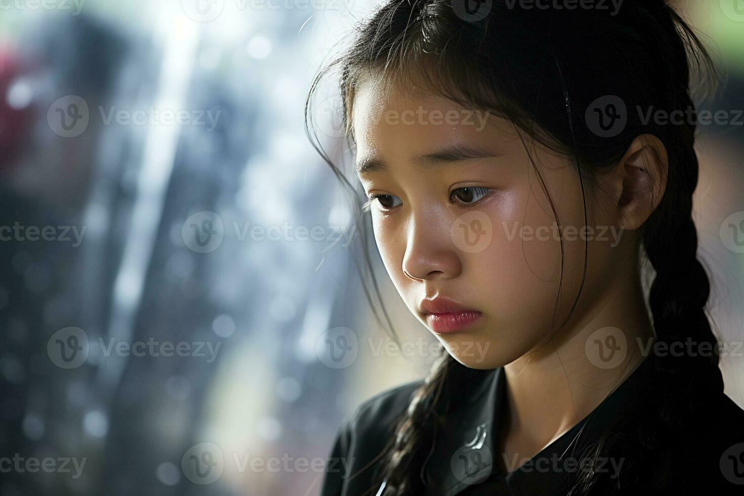 Portrait of a little asian girl with in the cemetery,Funeral Concept AI generated photo
