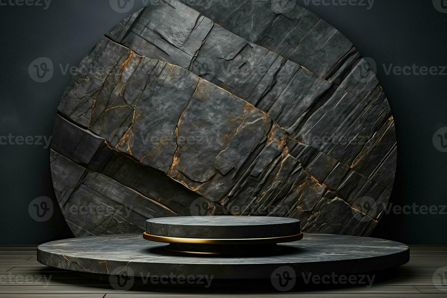 Empty stage for product. Podium, pedestal, place for product demonstration, platform. Minimalism, stones, black strict style photo