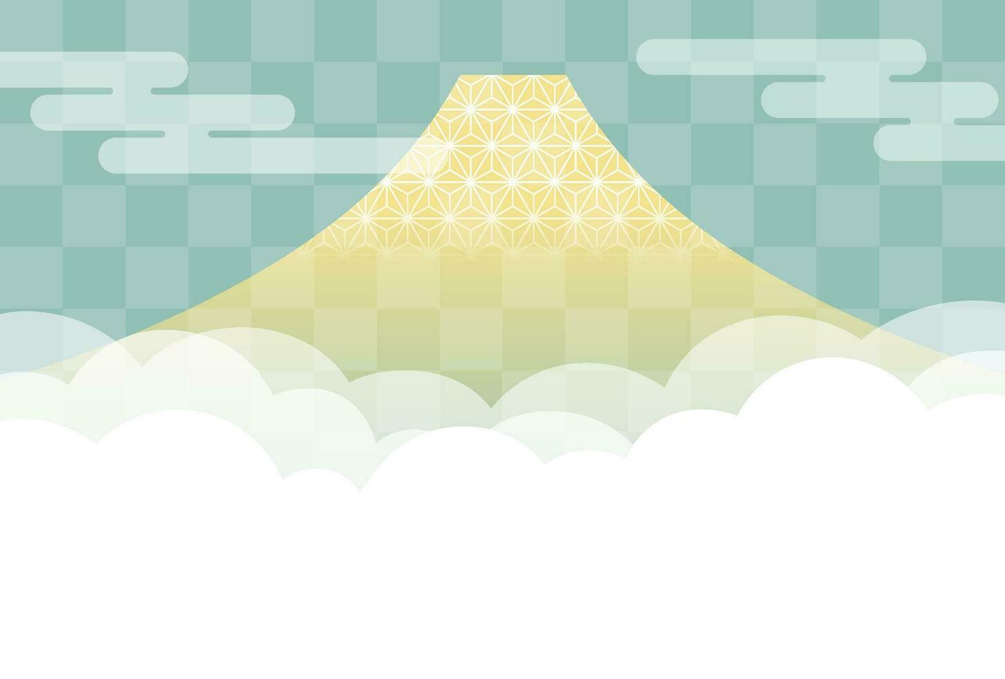 Vector Greeting Card Template With Gold Mt. Fuji, Blue Sky, Clouds, And Text Space.