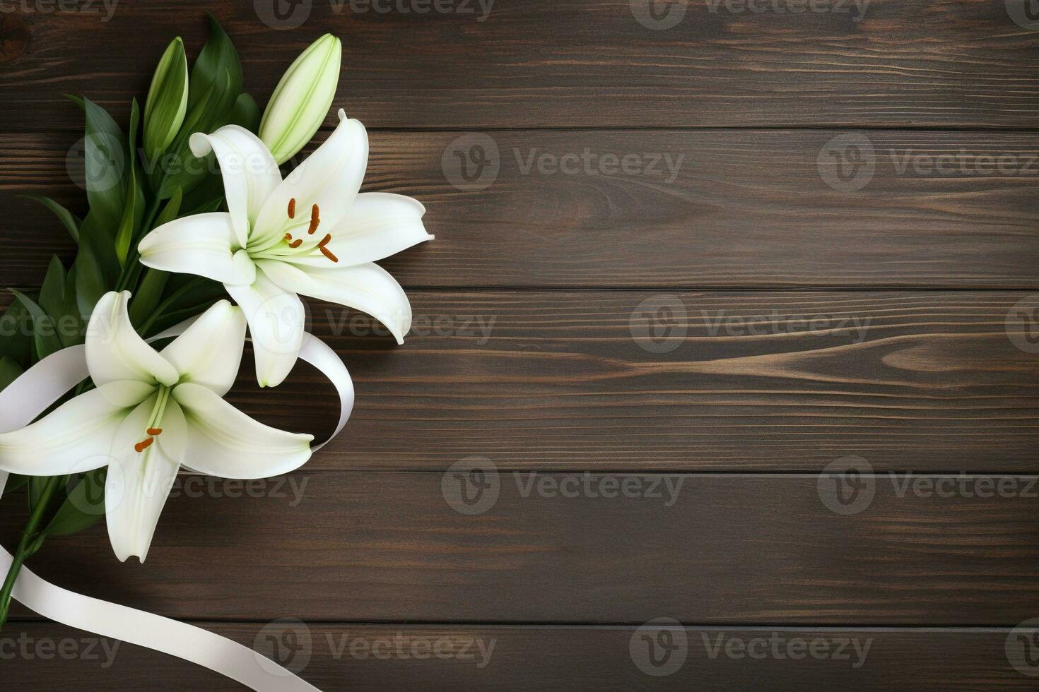 White lily flowers on wooden background. Top view with copy space.Funeral Concept AI generated photo