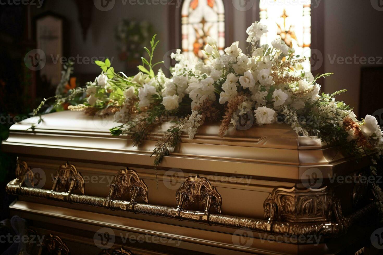 Beautiful flowers in a coffin at a funeral AI generated photo