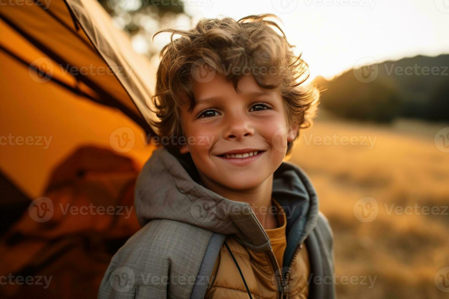 Portrait of a cute boy looking at camera while near his tent in nature AI generated photo