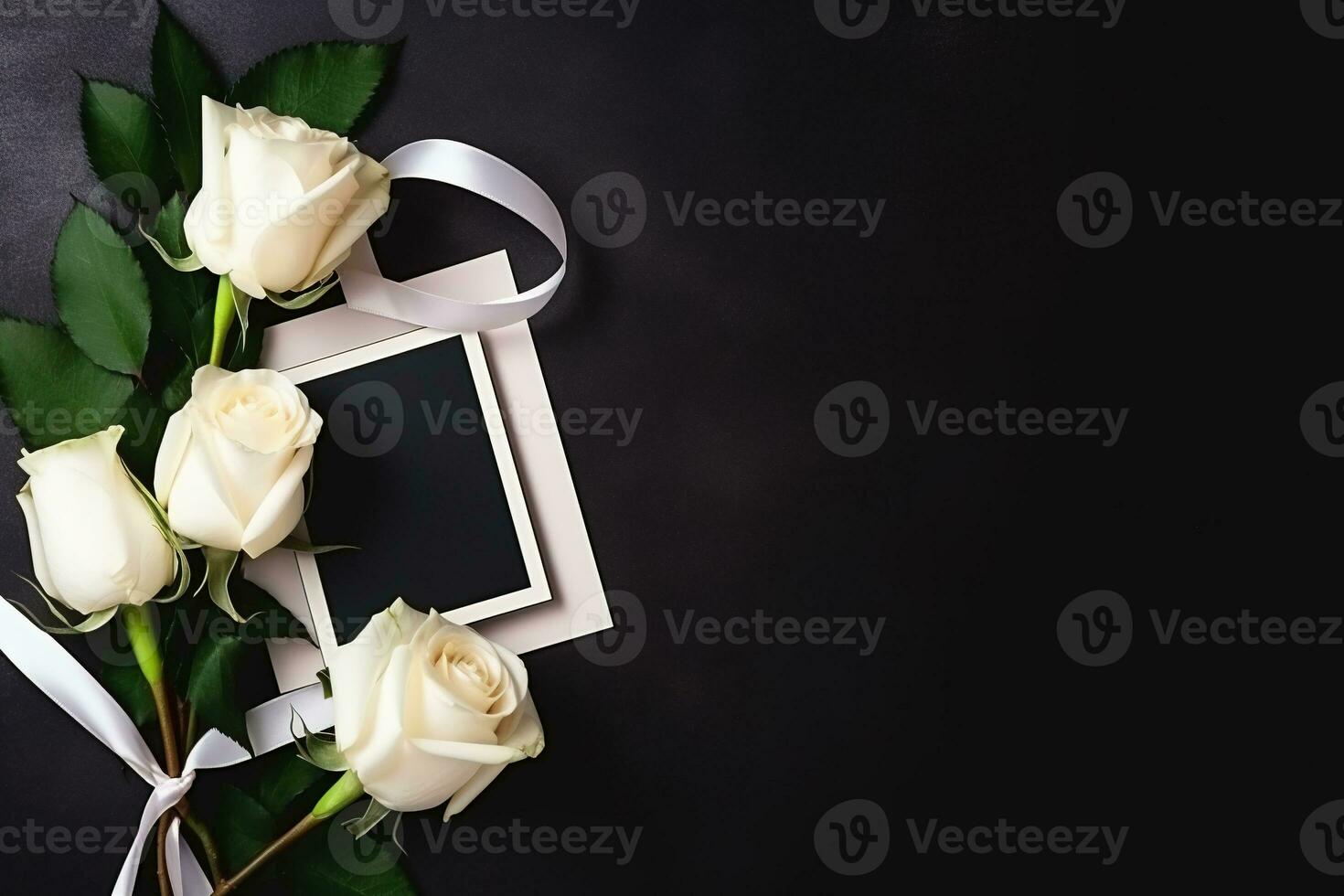 White roses with ribbon and photo frame on black background.Funeral Concept AI generated