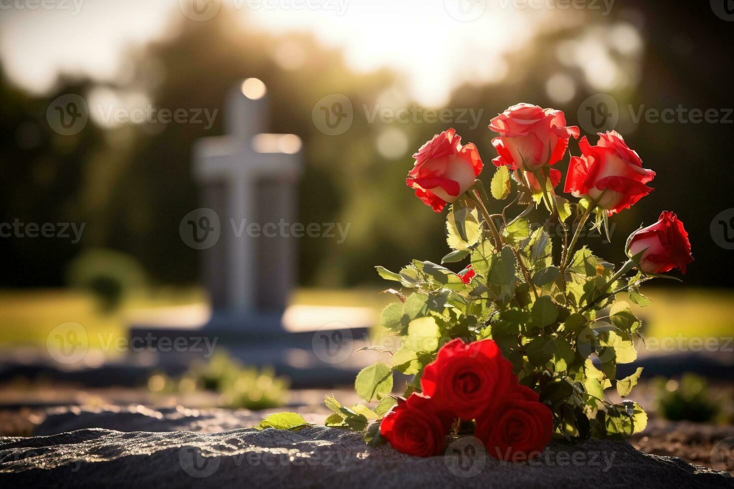 Red roses on a grave at a cemetery during the sunset with copy space AI generated photo