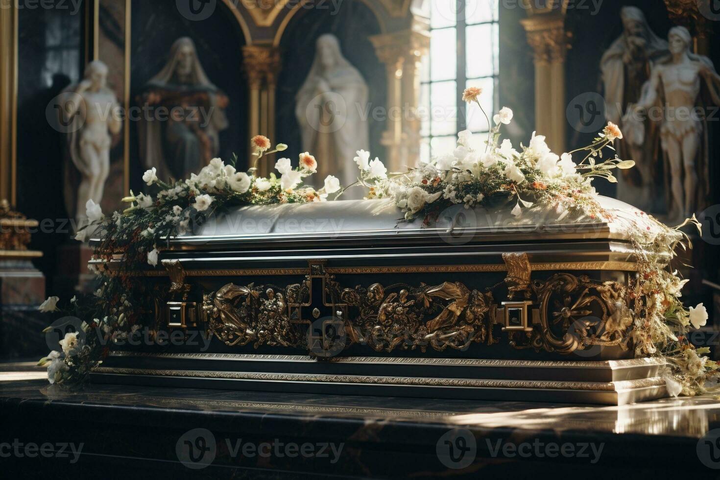 closeup shot of a casket in a hearse or chapel before funeral or burial at cemetery AI generated photo