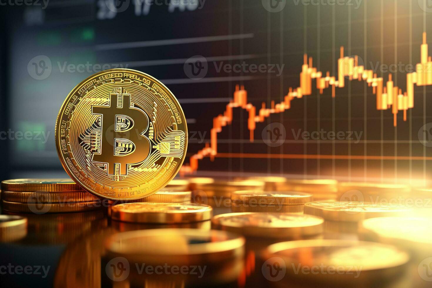 Golden Bitcoin on the background of the stock market chart. Cryptocurrency concept. AI generated photo