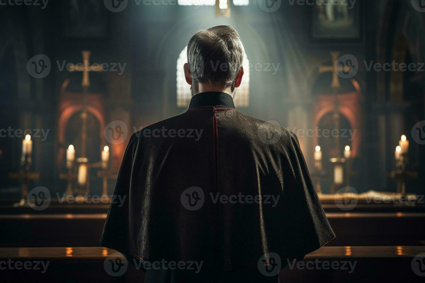 Rear view of priest looking at church interior. Religion concept. AI generated photo