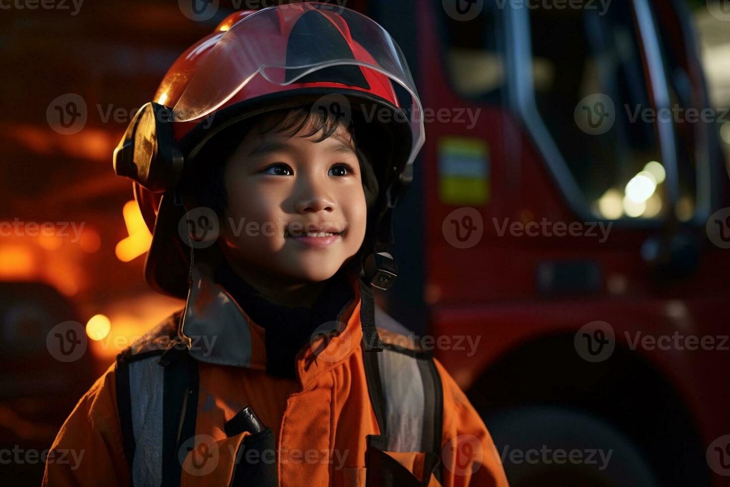 Portrait of cute little boy wearing firefighter uniform in the fire department AI generated photo