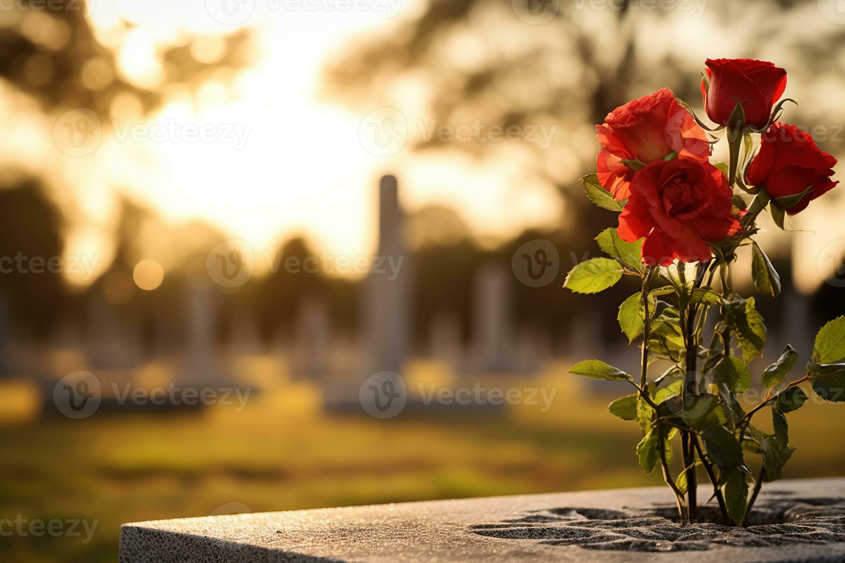 Red roses on a grave at a cemetery during the sunset with copy space AI