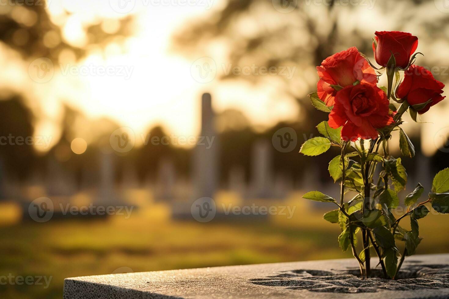 Red roses on a grave at a cemetery during the sunset with copy space AI generated photo