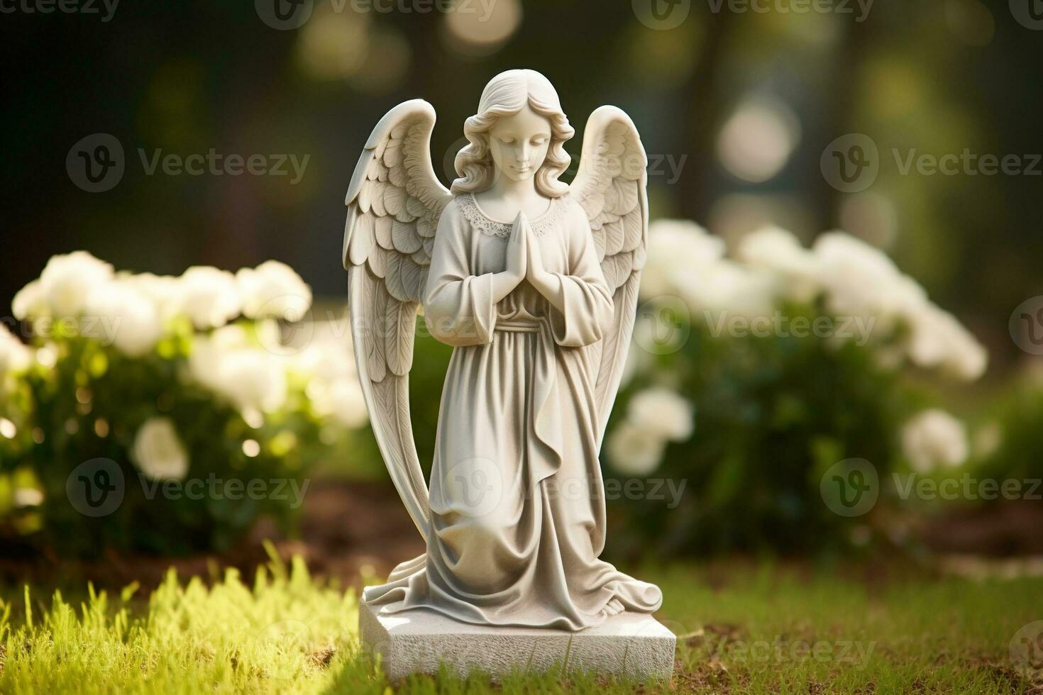 ángel estatua con blanco rosas en el cementerio.religioso antecedentes ai generado foto