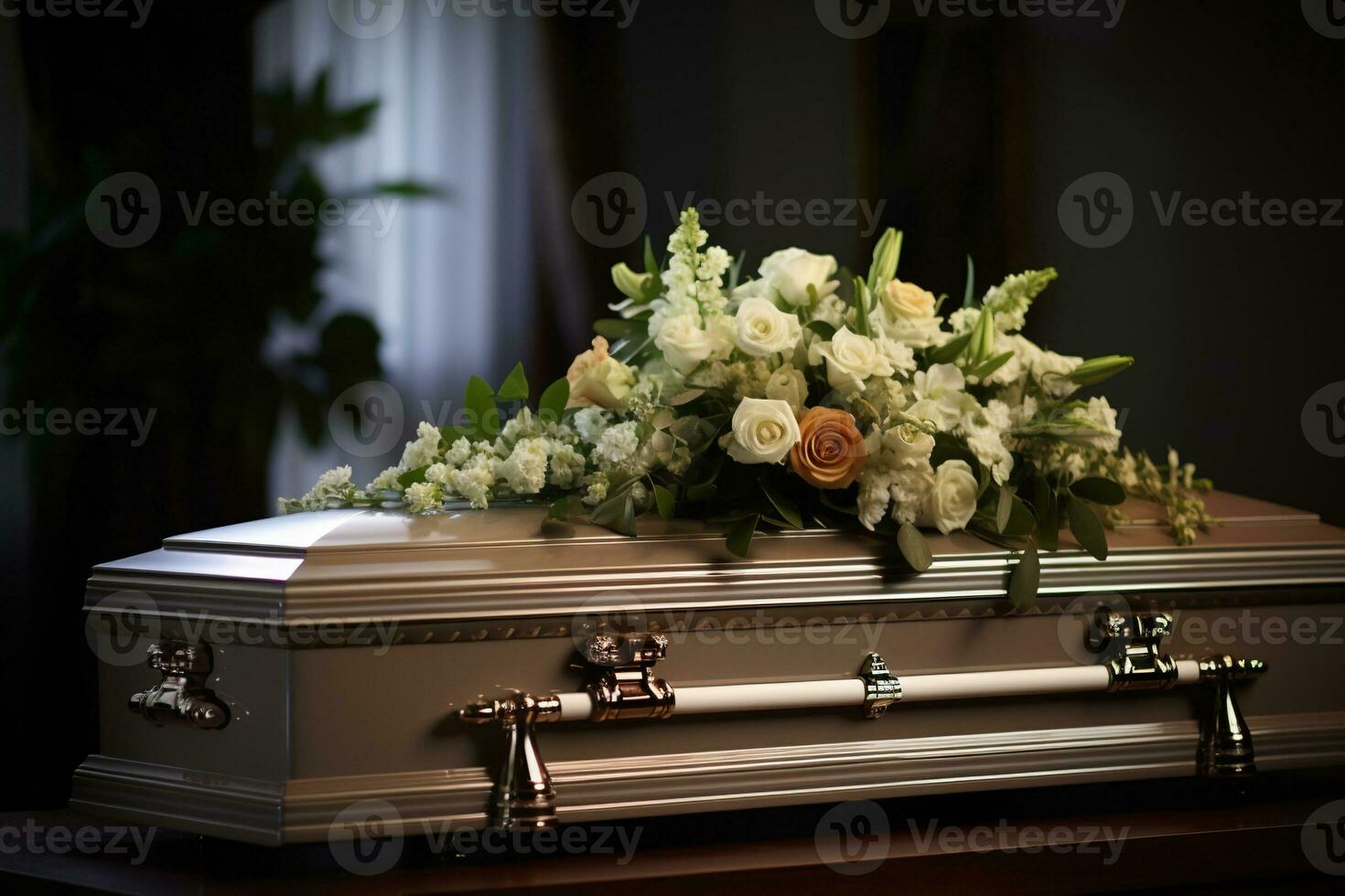 blanco ataúd con flores el concepto de funeral. ai generado foto