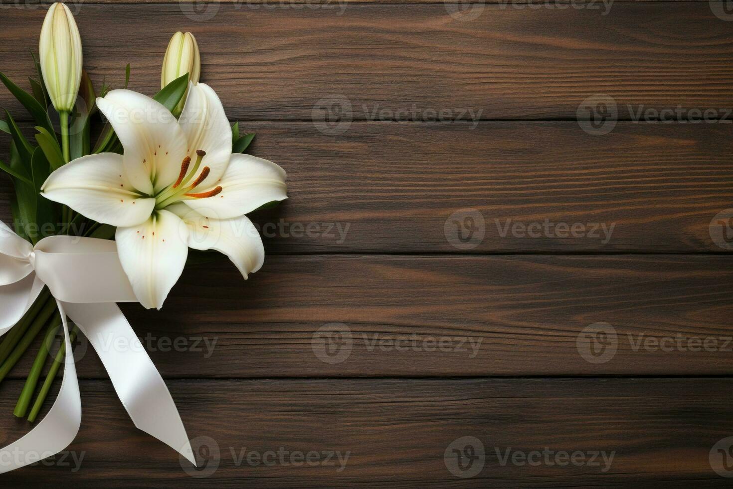 White lily flowers on wooden background. Top view with copy space.Funeral Concept AI generated photo