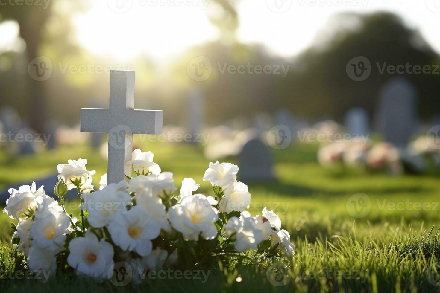 white flowers in front of a gravestone at a cemetery with sunset.Funeral Concept AI generated photo