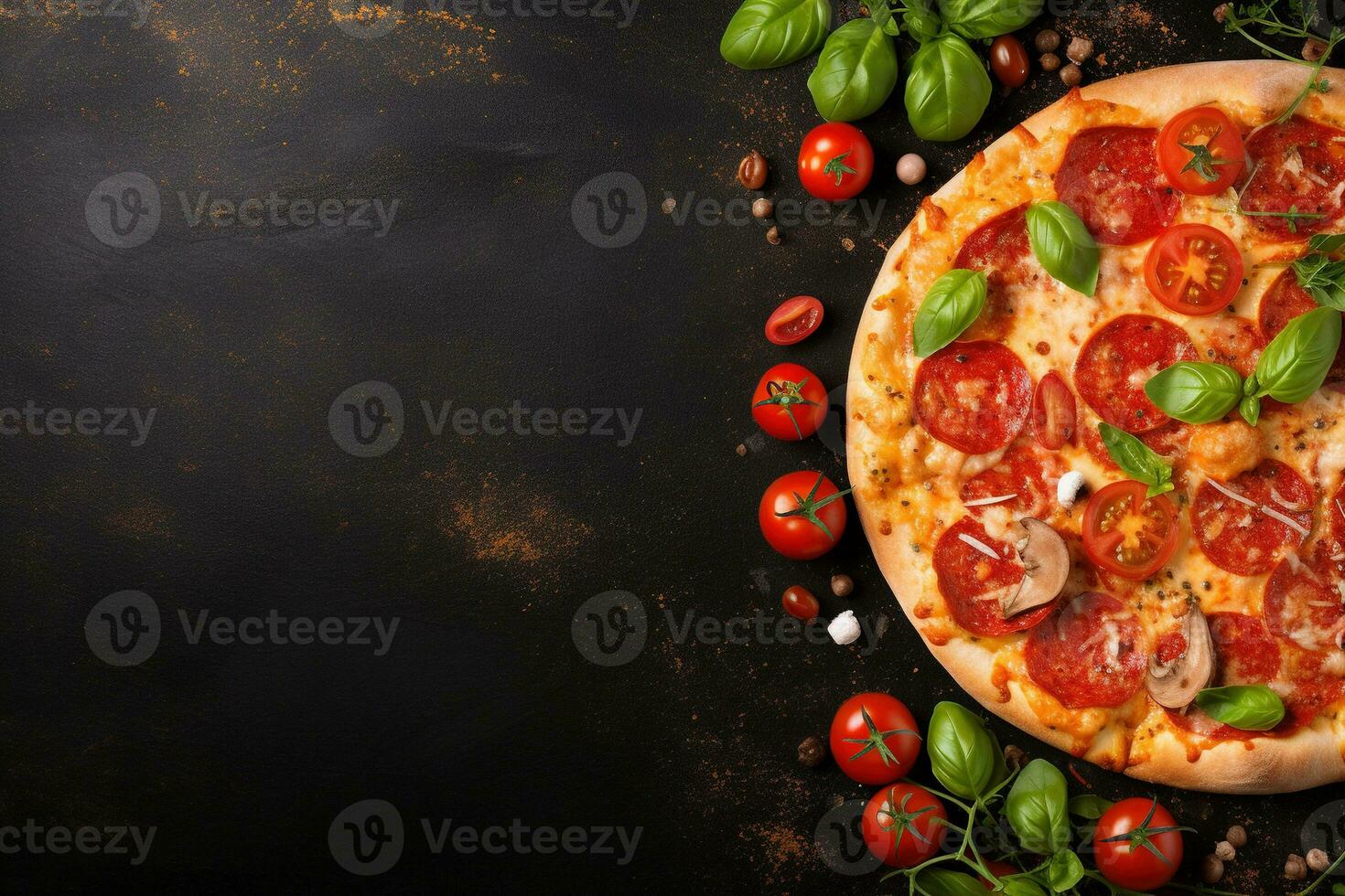 Pepperoni pizza on a Dark background. Top view with copy space. AI generated photo