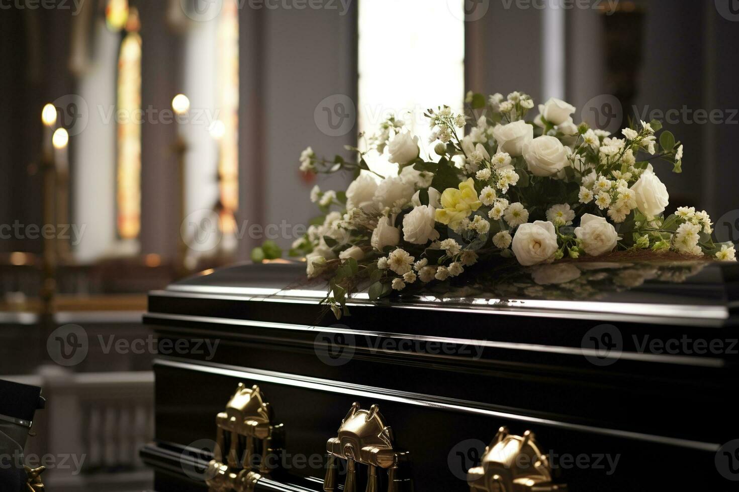 closeup shot of a casket in a hearse or chapel before funeral or burial at cemetery AI generated photo