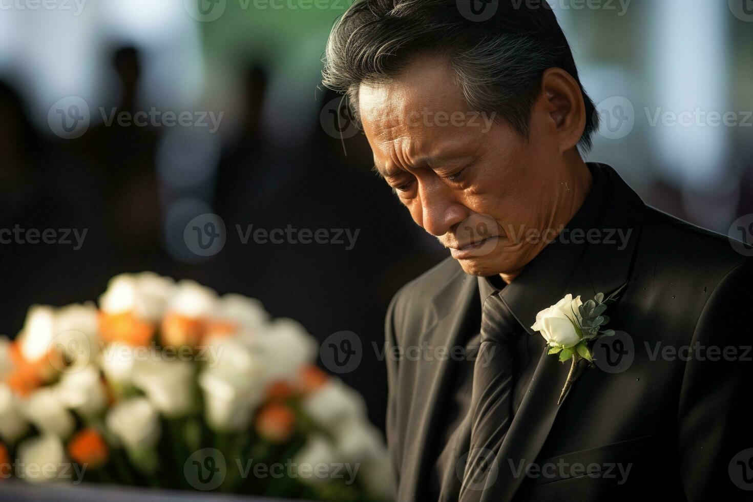 Elderly asian man with funeral sorrow and flowers in church AI generated photo