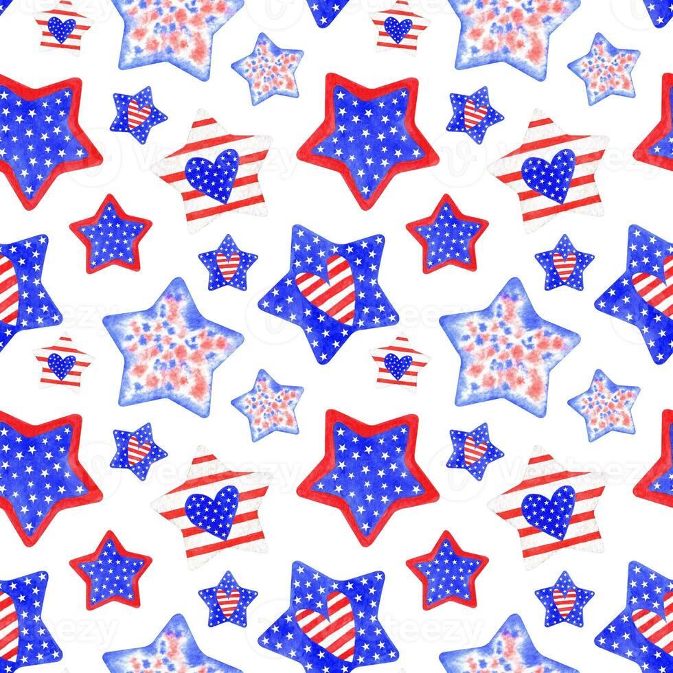 Watercolor seamless pattern of stars on the theme of Independence Day USA photo