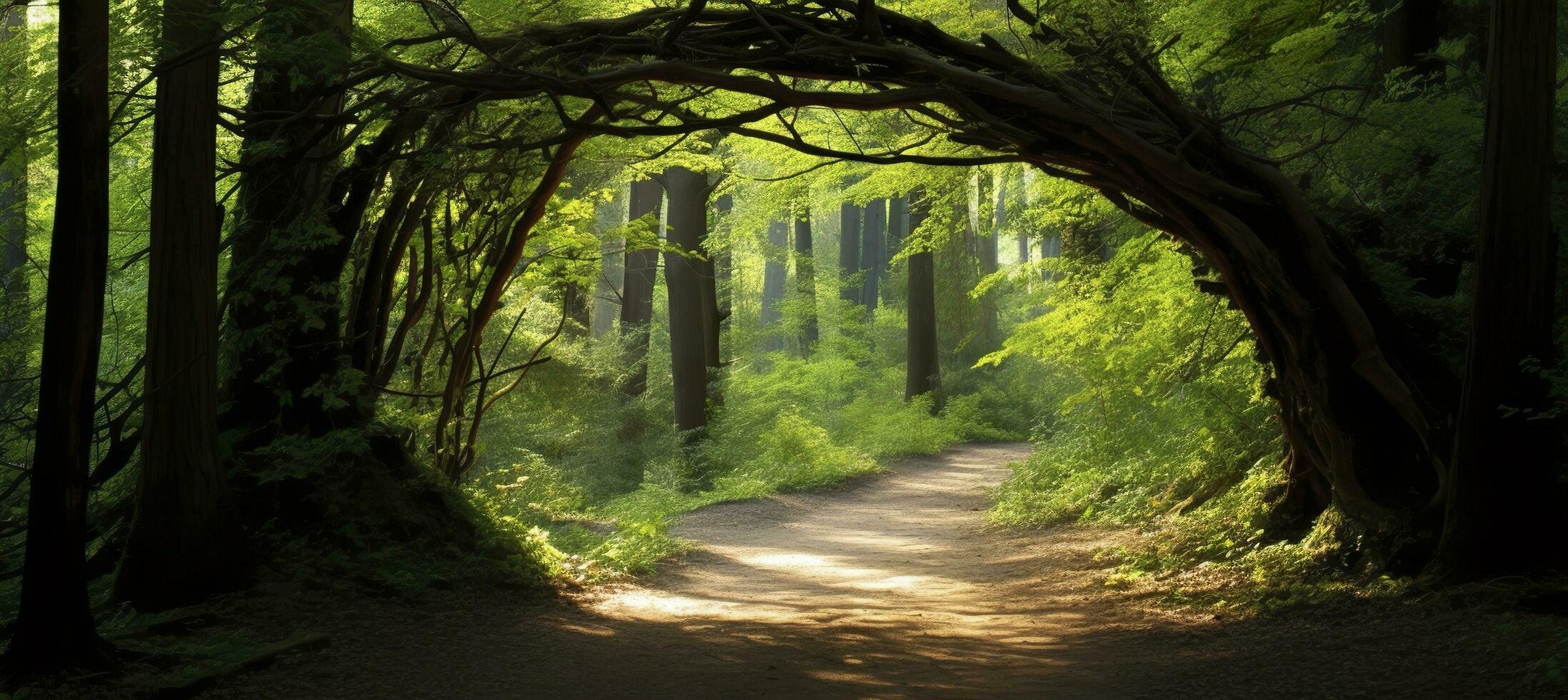 Natural archway shaped by branches in the forest. AI Generated photo
