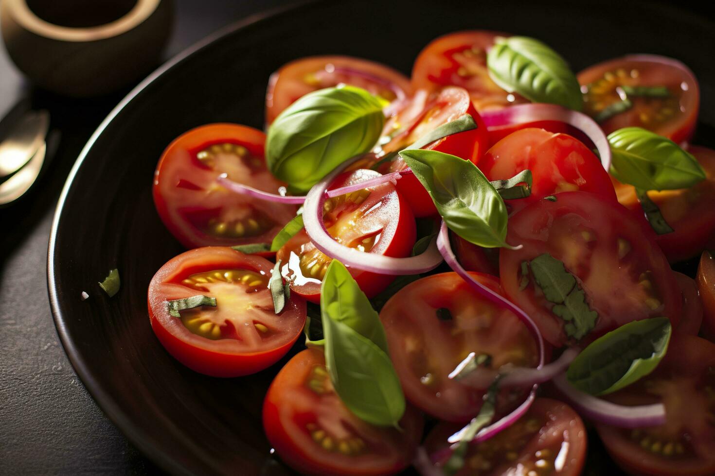 Healthy tomato salad with onion basil olive oil and balsamic vinegar. AI Generated photo