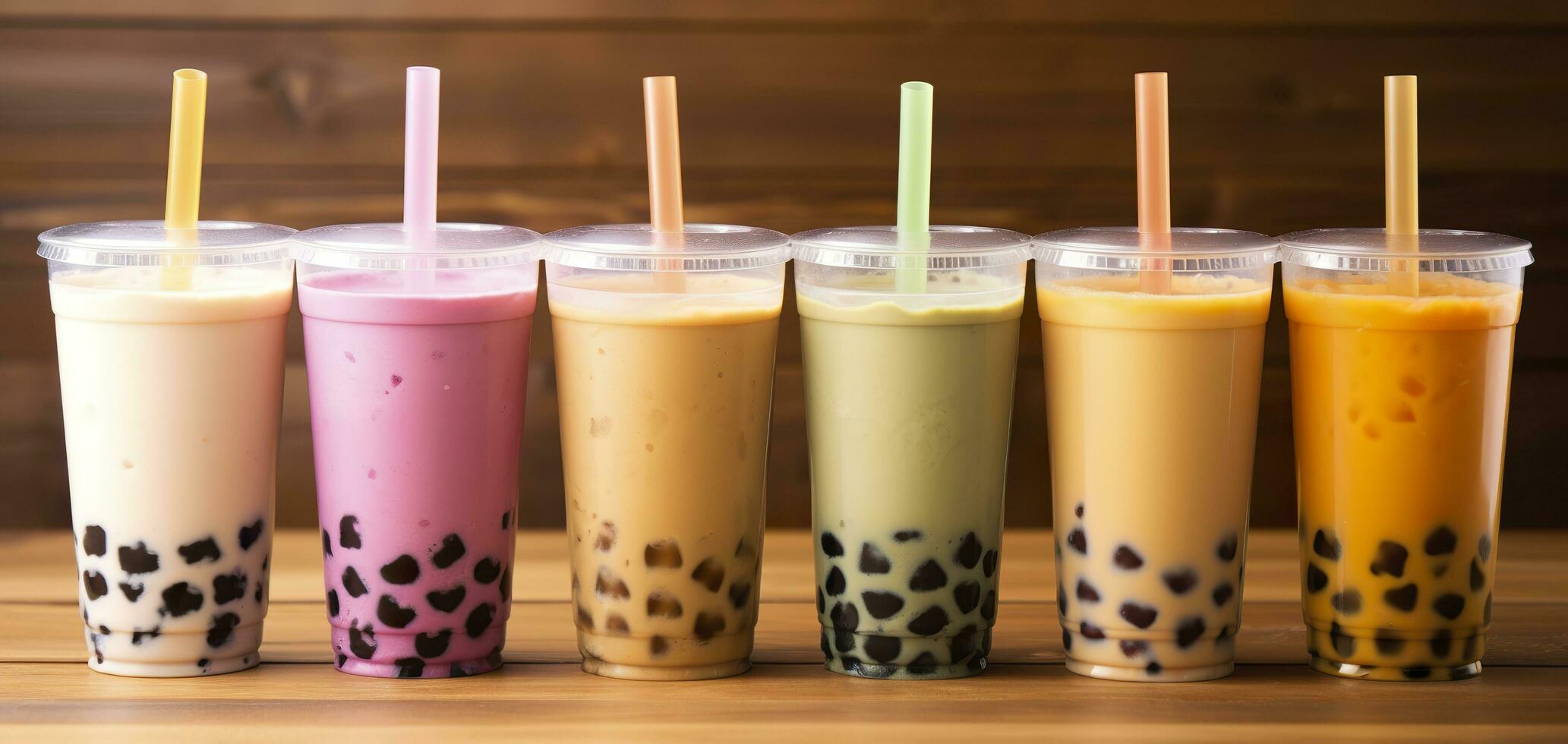Plastic cups of different tasty bubble tea on wooden background. Generative AI photo