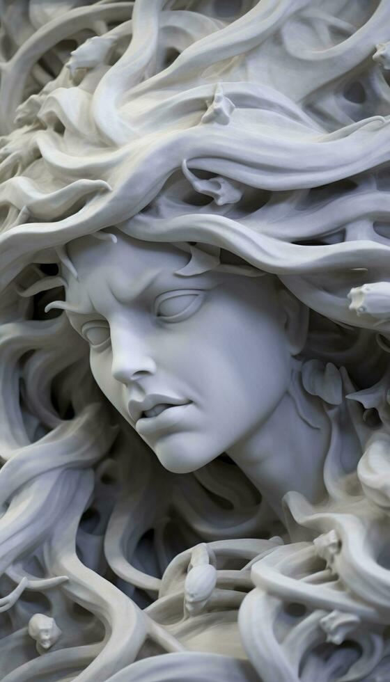 Portrait of cyborg medusa close up carved in marble. AI Generated photo