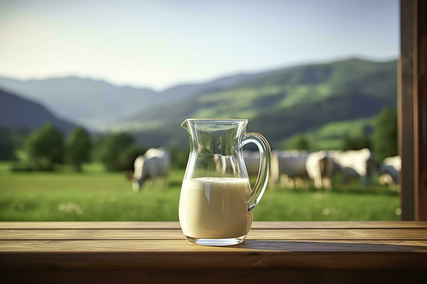 Glass pitcher with fresh milk on a wooden table. AI Generated photo