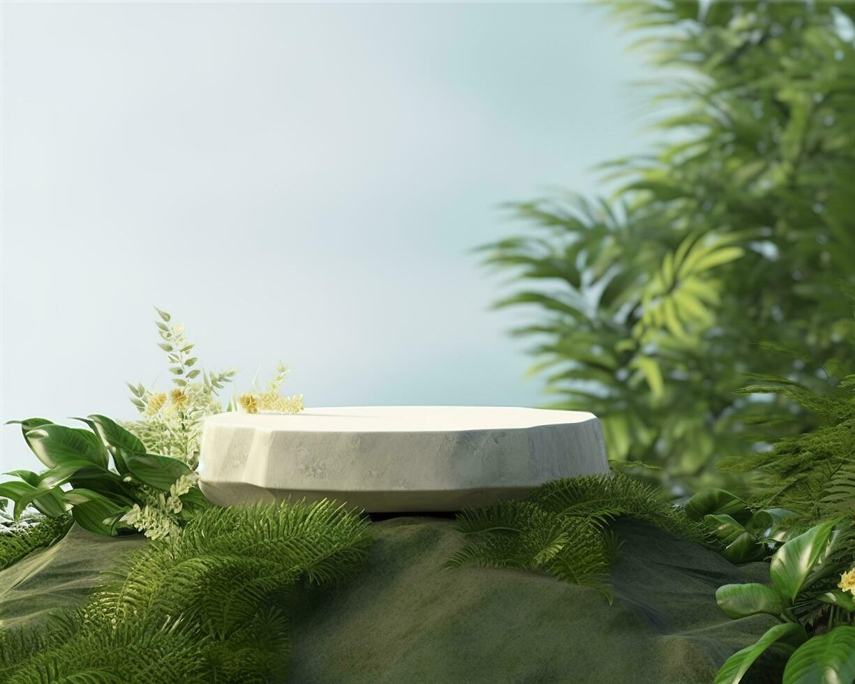 Stone product display podium for cosmetic product with green nature garden background. Generative AI photo
