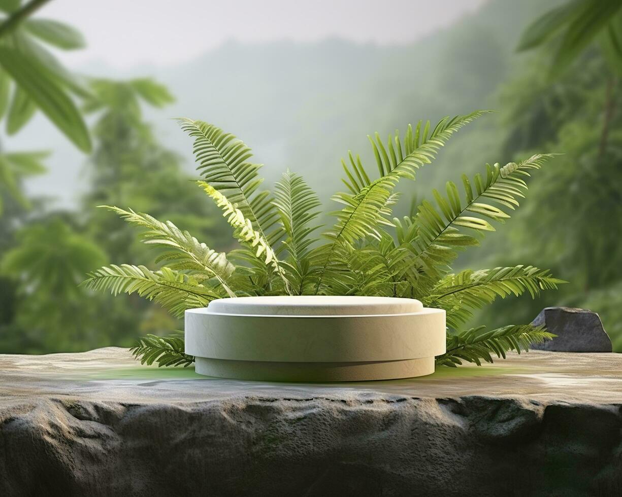 Stone product display podium for cosmetic product with green nature garden background. Generative AI photo