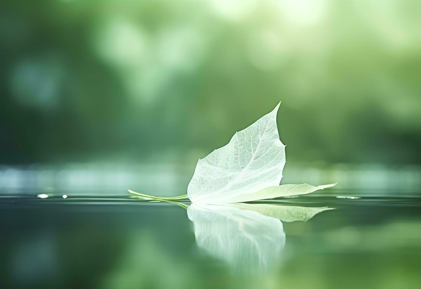 White transparent leaf on mirror surface with reflection on green background macro. Generative AI photo