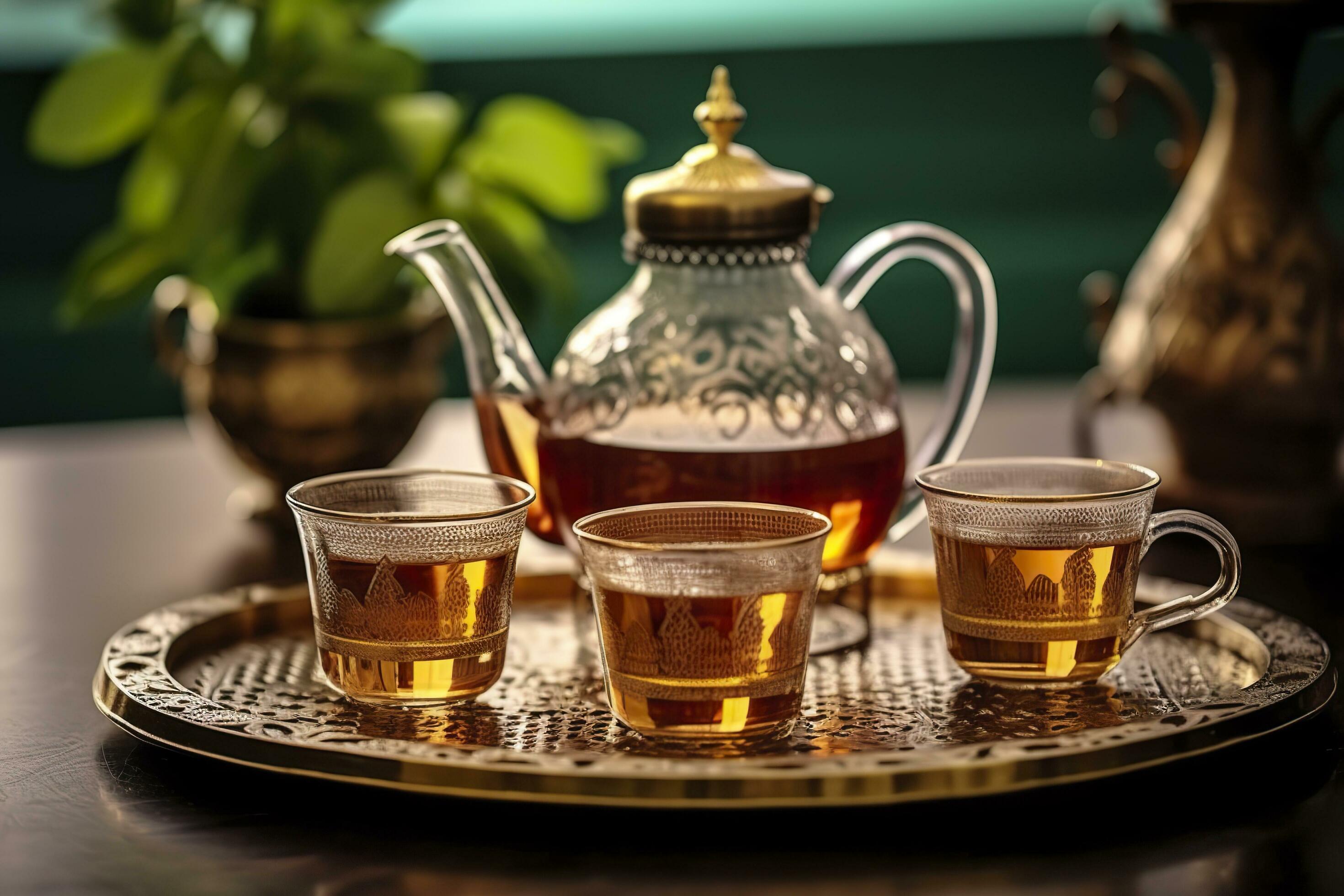 Traditional Moroccan tea set with decorative teapots, glasses, and mint