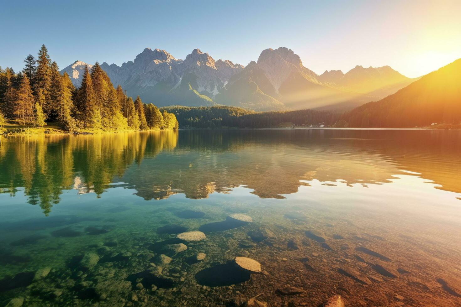Impressive summer sunrise on Eibsee Lake with Zugspitze mountain range. AI Generated photo