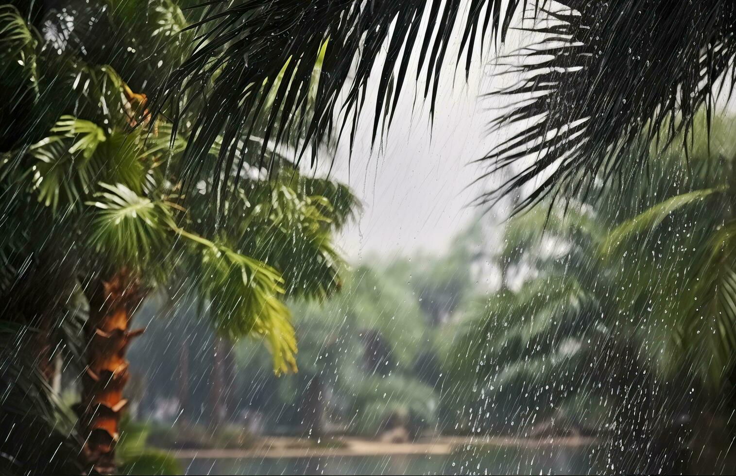Rain in the tropics during the low season or monsoon season. Raindrops in a garden. Generative AI photo