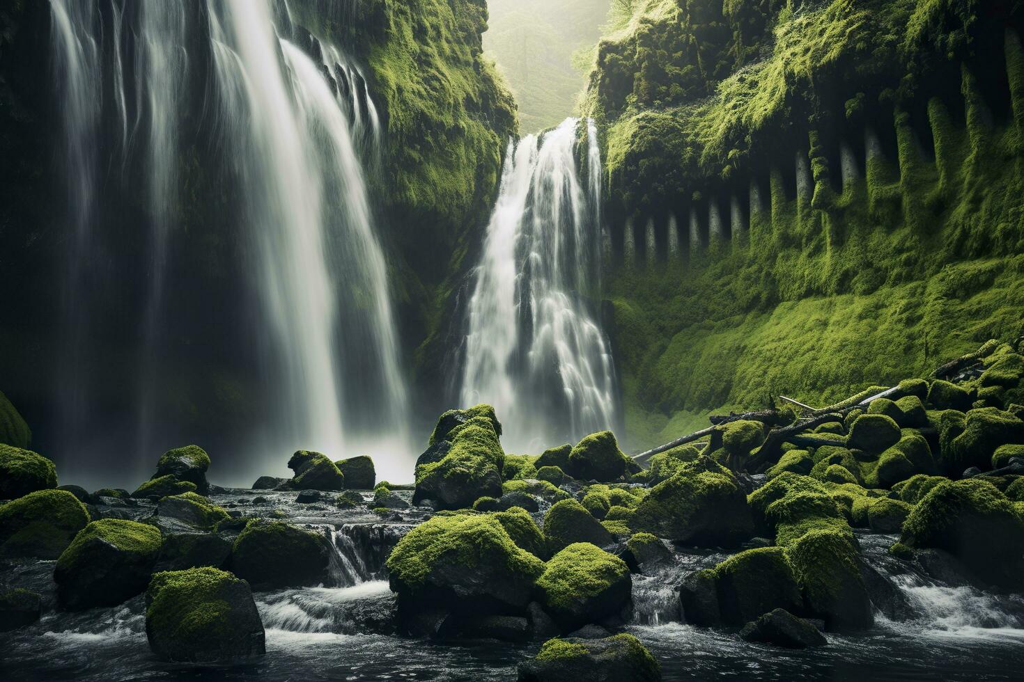 Waterfall landscape with rocks covered in green moss. AI Generated photo