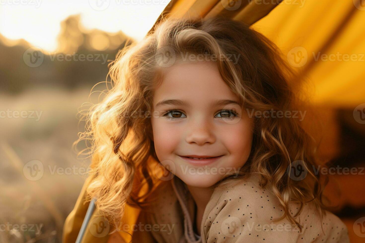 Portrait of cute little girl at camera while standing near camping tent at sunset AI generated photo