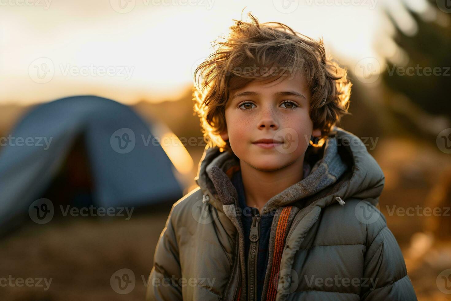 Portrait of a cute boy looking at camera while near his tent in nature AI generated photo