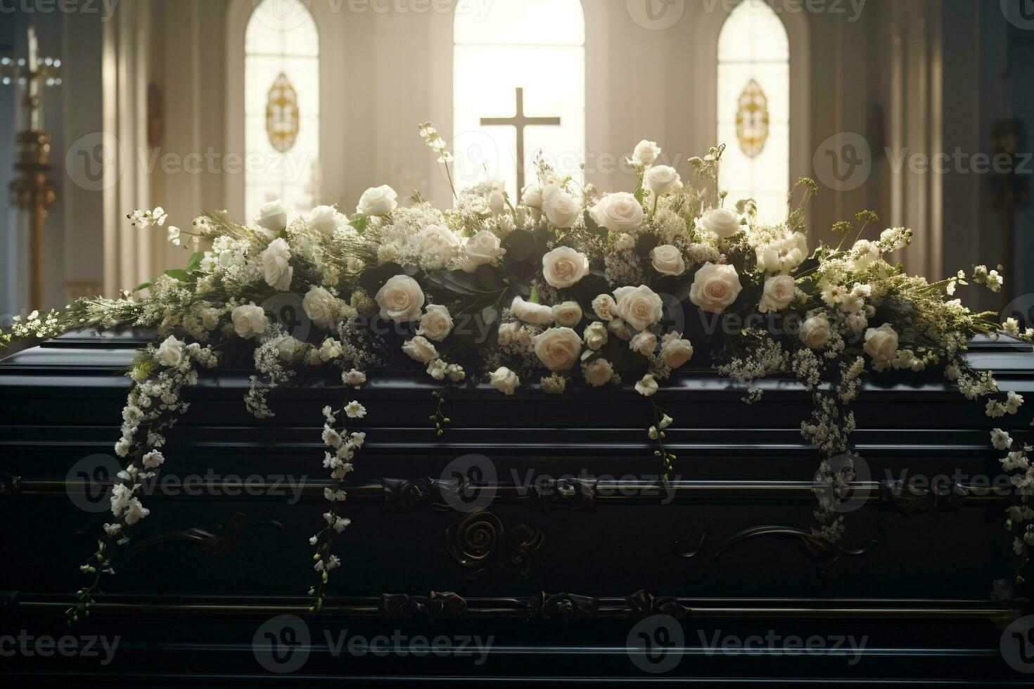 closeup shot of a casket in a hearse or chapel before funeral or burial at cemetery AI generated photo