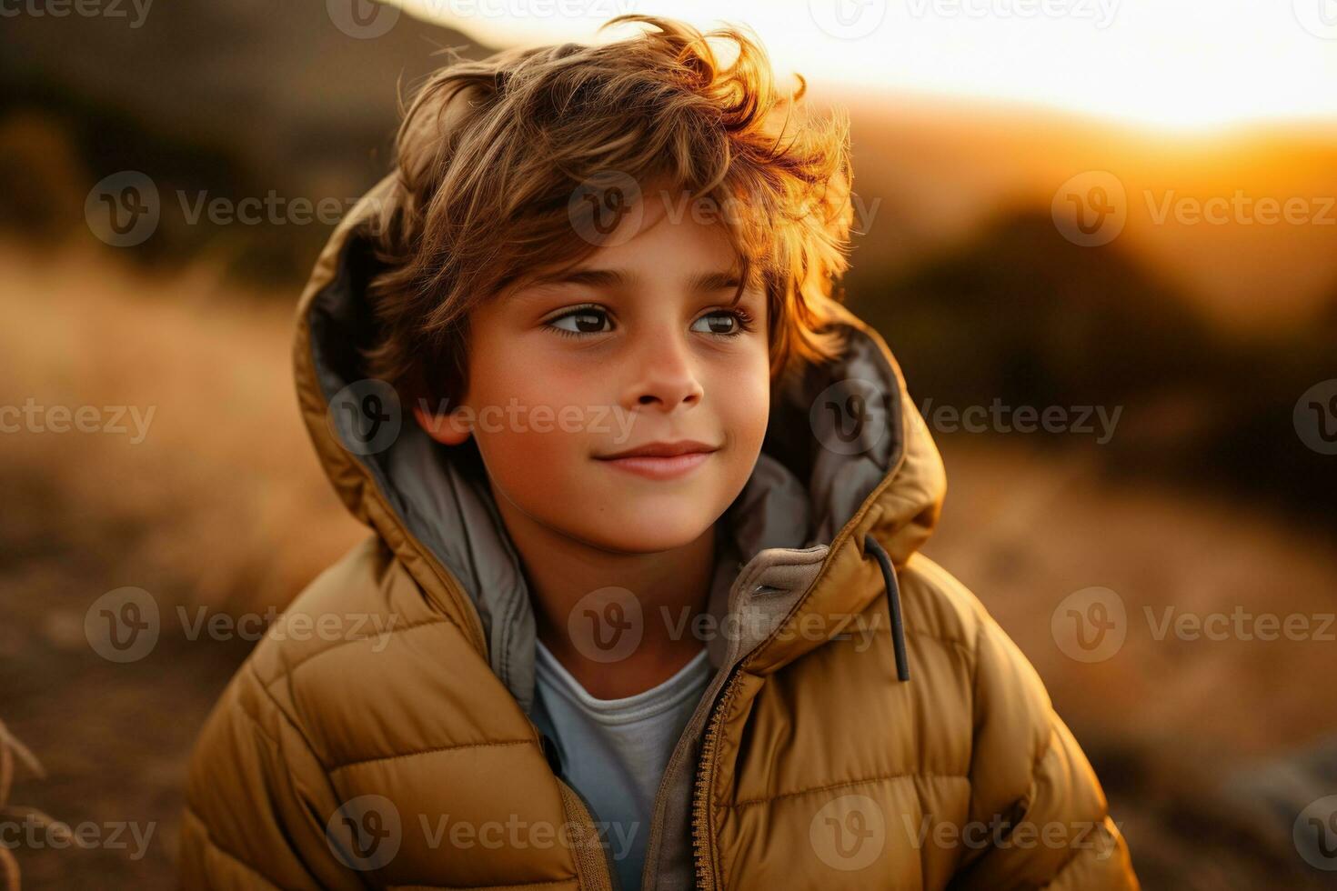 Portrait of a cute boy looking at camera while near his tent in nature AI generated photo