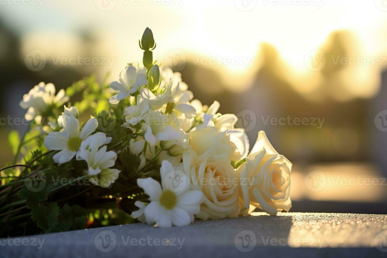 white flowers in front of a gravestone at a cemetery with sunset.Funeral Concept AI generated photo