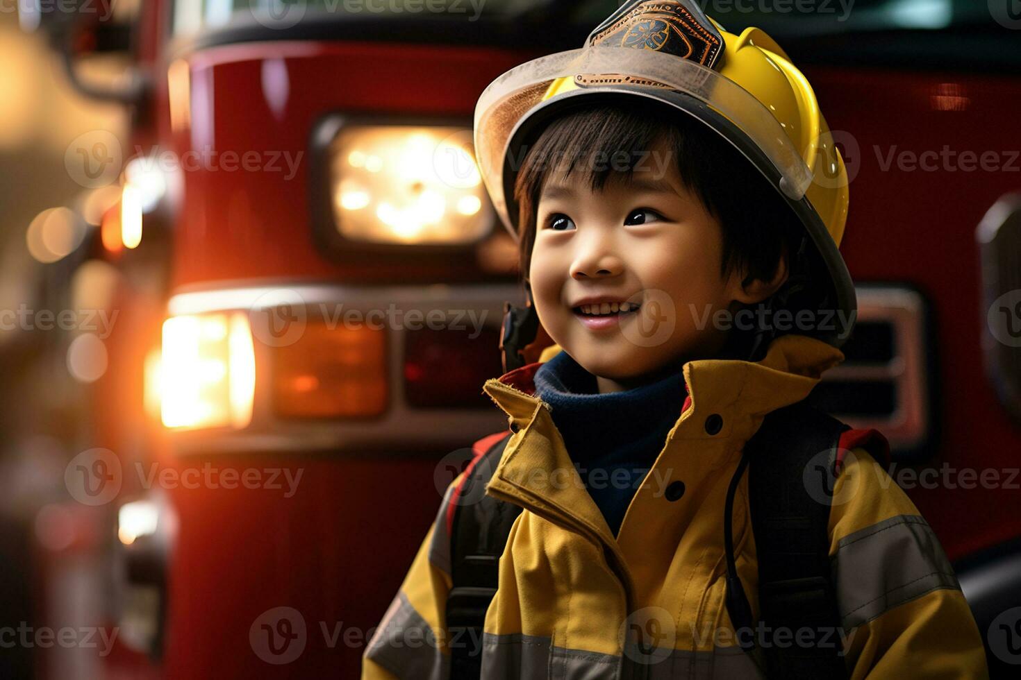 Portrait of cute little boy wearing firefighter uniform in the fire department AI generated photo