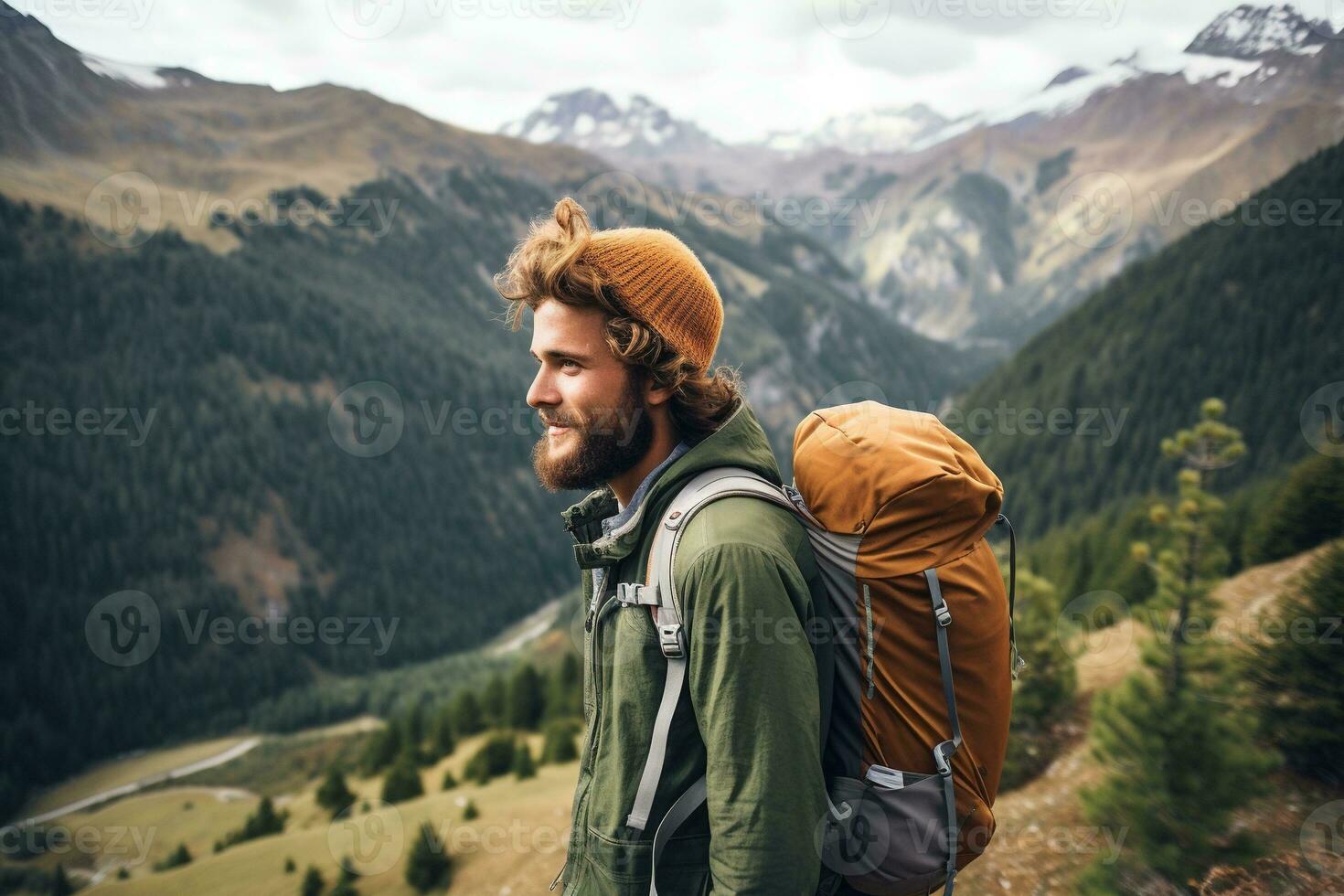 Hipster traveler with backpack sitting on top of a mountain and looking at the valley. AI generated photo