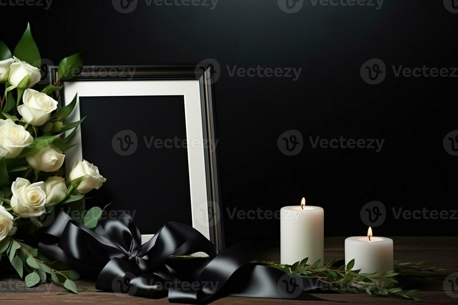 White roses with ribbon and photo frame on black background.Funeral Concept AI generated