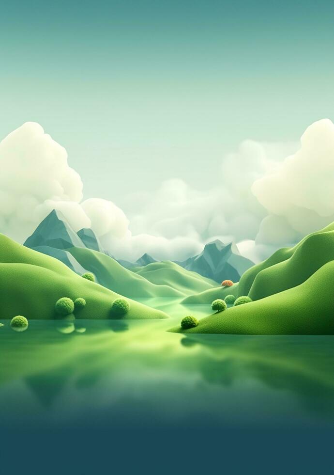 dibujos animados estilo paisaje con césped y nubes ai generado foto