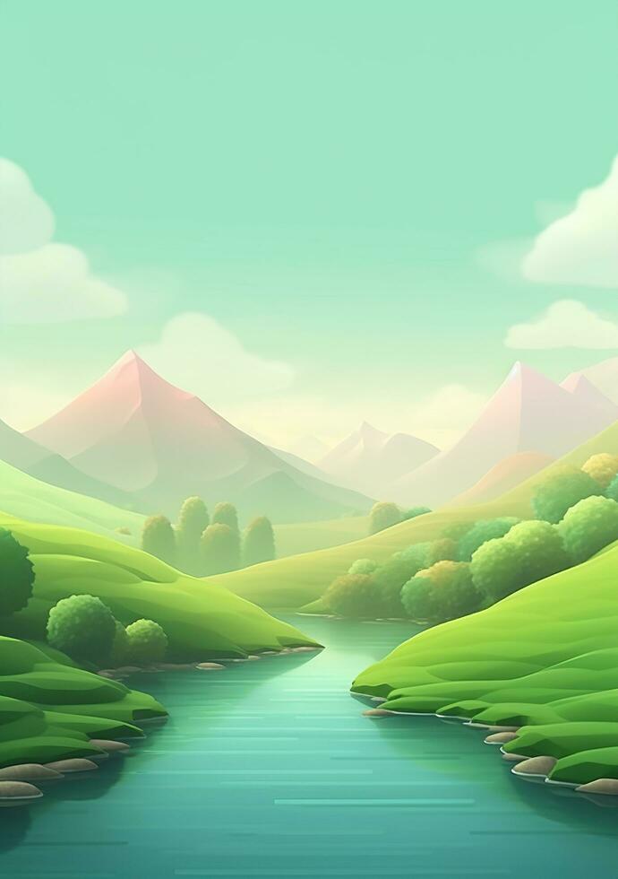 Cartoon style landscape with grass and clouds AI Generated photo