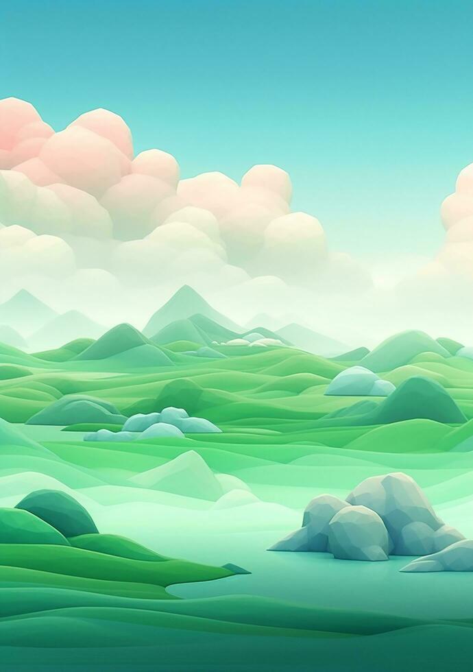 Cartoon style landscape with grass and clouds AI Generated photo